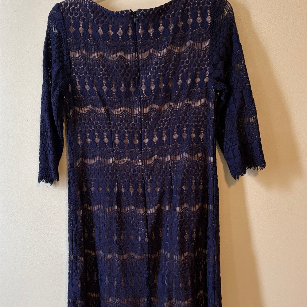 Navy open weave a-line dress with cream lining. Fringe details on sleeves/hem. - Picture 3 of 7